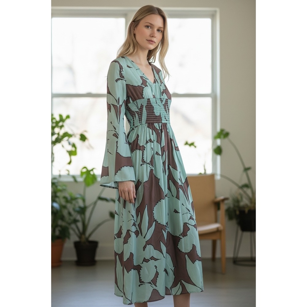 Dhruv Kapoor Mint Green Brown Floral Smocked Waist Boho Bell Sleeve‎ Midi XS